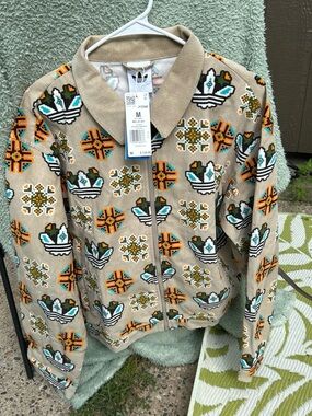 Adidas men’s Beige Zip Jacket with pixel pattern, size medium